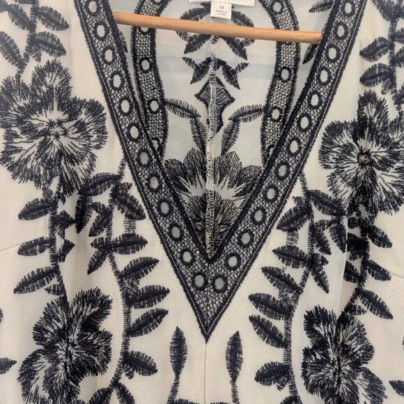 Honey Punch Bodysuit Sz M Beige Mesh Black Floral Embroidered Deep V Neck - Picture 3 of 7